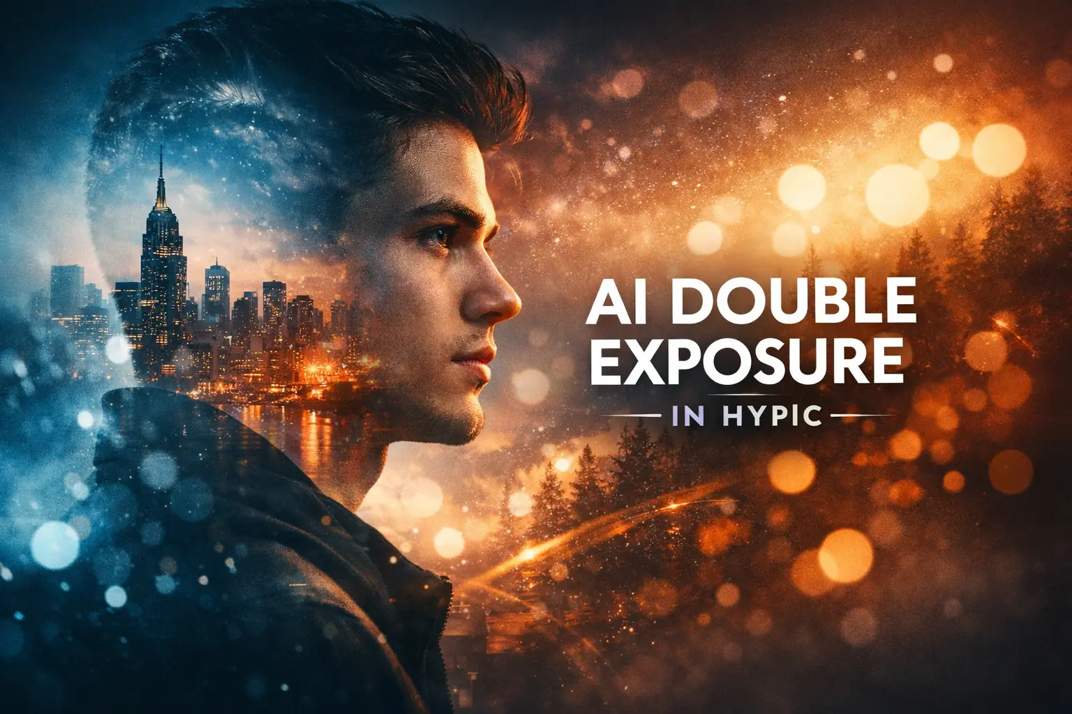 How to Create Stunning AI Double Exposure in Hypic: Step-by-Step Guide 2026 1 Cinematic AI double exposure photo of a young person blended with city skyline and abstract lights in Hypic app
