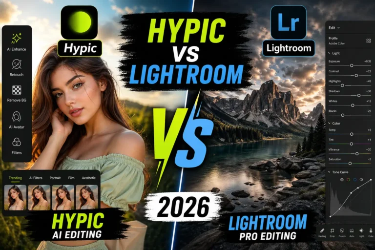 Hypic vs Lightroom 2026 comparison showing AI editing vs professional photo editing