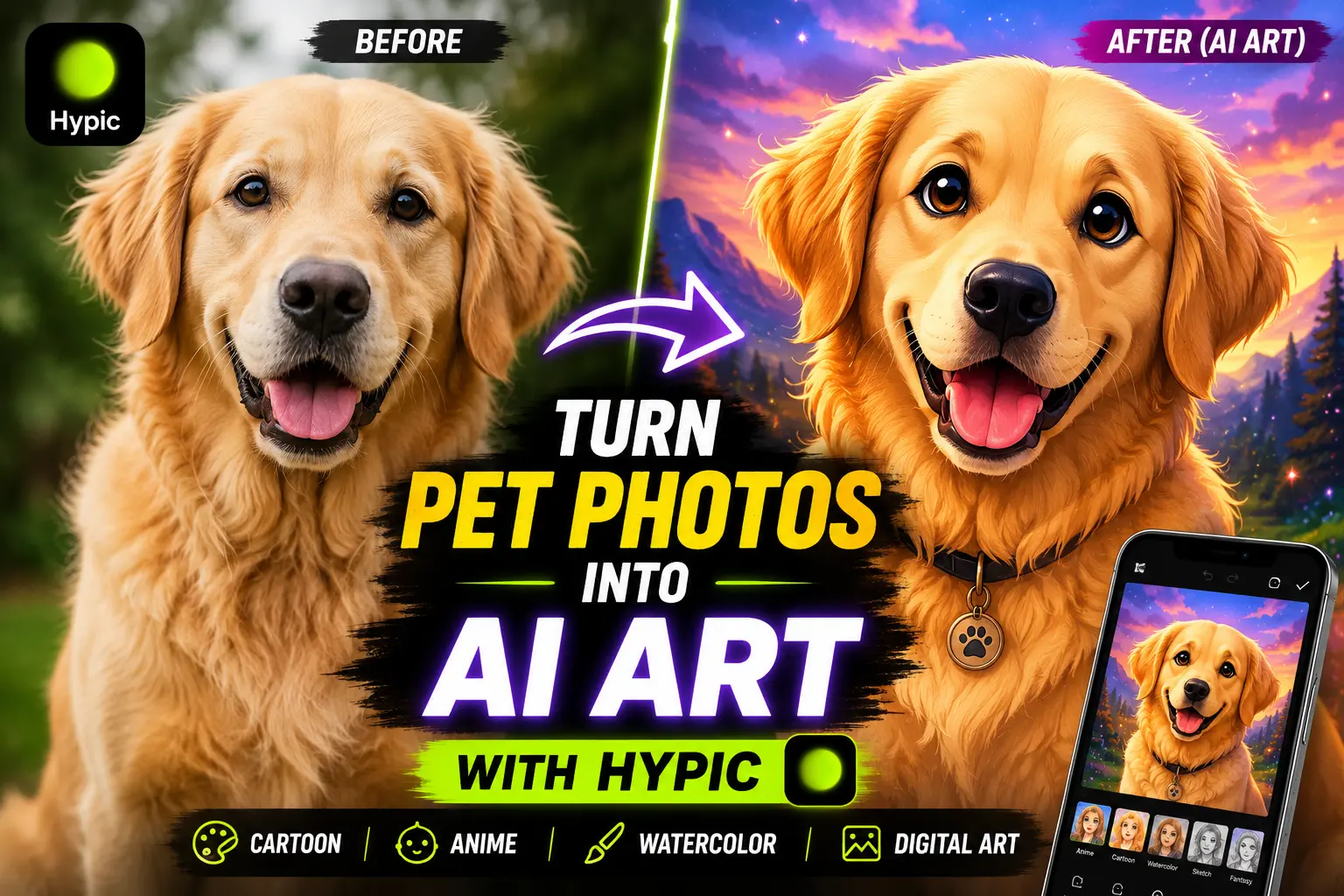 How to Turn Your Pet Photos into AI-Generated Art with Hypic (2026 Guide) 1 AI pet art transformation using Hypic showing before and after cartoon and anime style pet portrait