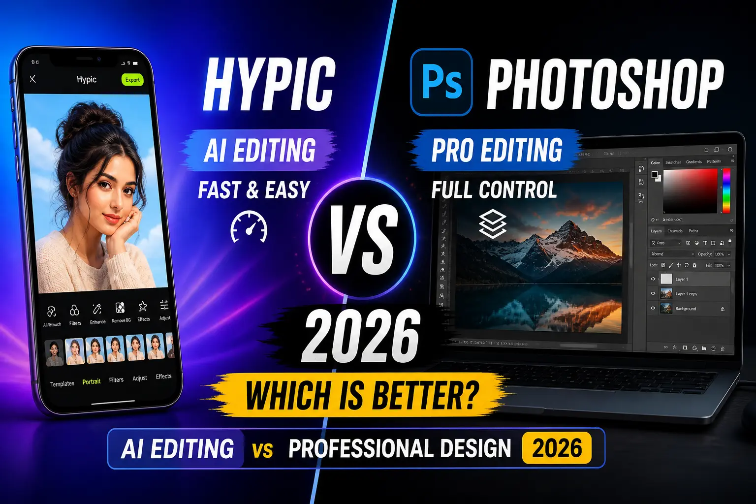 Hypic vs Photoshop 2026 comparison showing AI editing vs professional photo editing tools