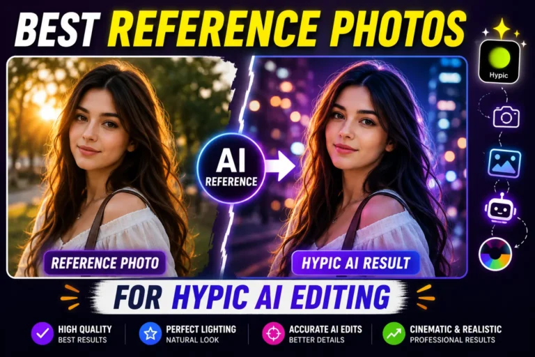 Best reference photos for Hypic AI editing showing portrait, golden hour, cinematic, anime, and Canon G7X style examples