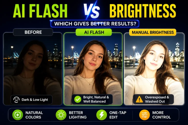 AI Flash vs Manual Brightness comparison in Hypic showing before and after photo editing results with improved lighting, preserved details, and natural colors.