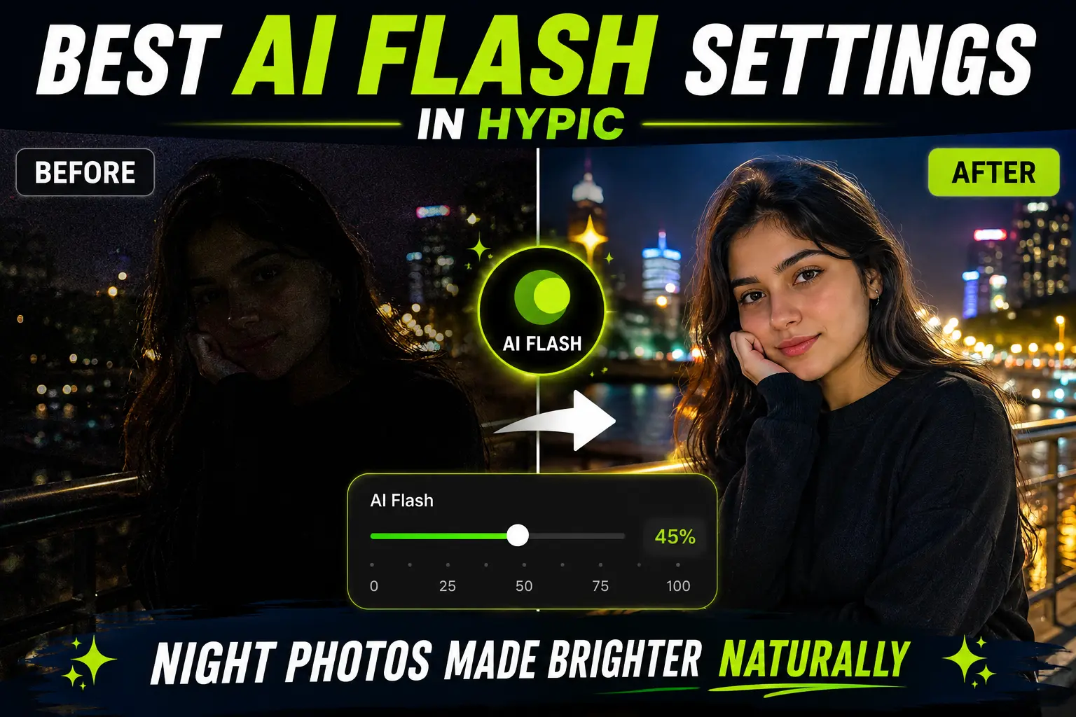 Best AI Flash settings in Hypic for enhancing dark night photos with natural brightness, clearer details, and less image noise.