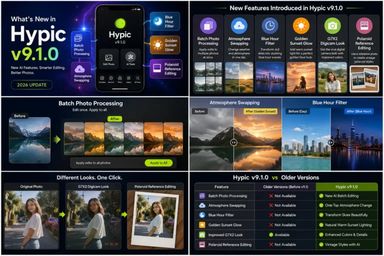 Hypic v9.1 new AI editing features including Batch Photo Processing, Atmosphere Swapping, Blue Hour Filter and Golden Sunset Glow.